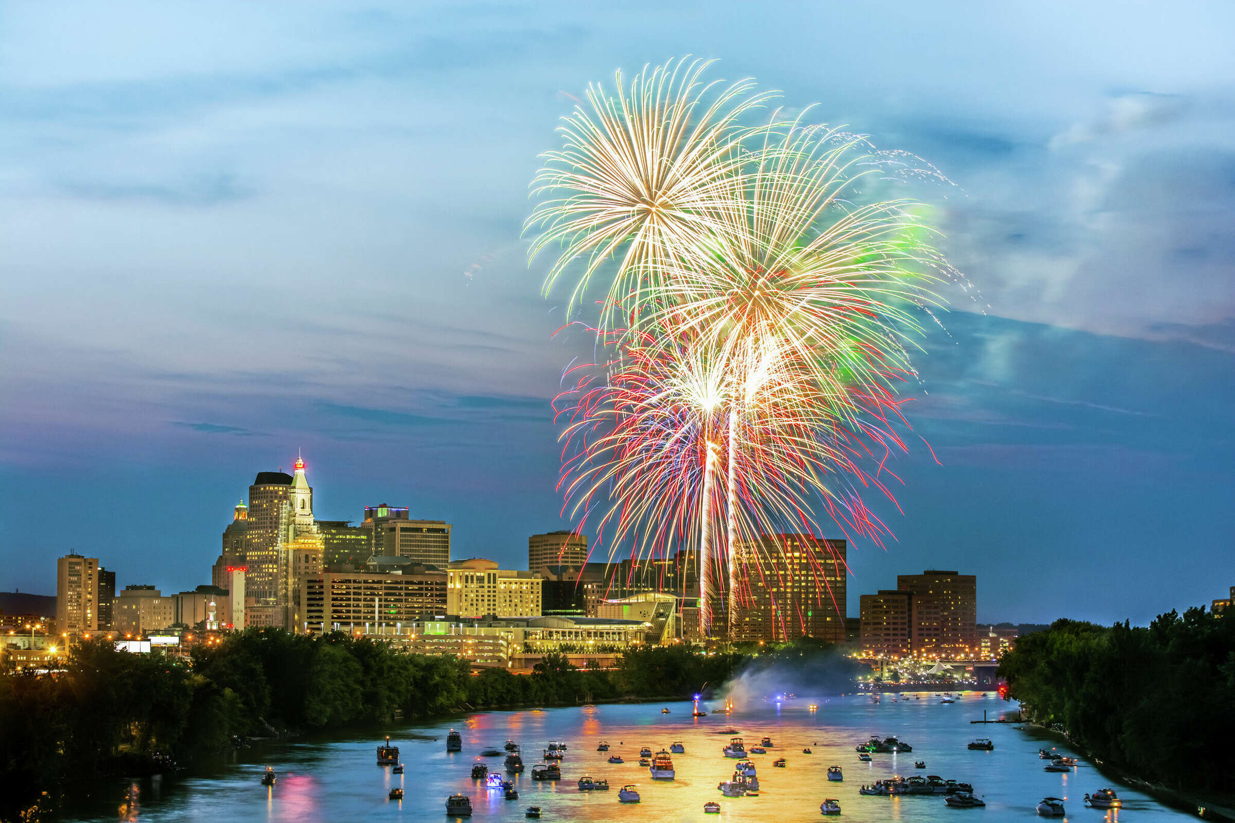 A vibrant display over Hartford marks a festivity of lights and joy, reflecting Connecticut's rich tradition of Independence Day celebrations.