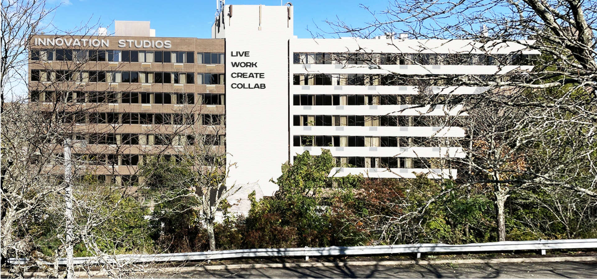 A rendering of the former Crowne Plaza hotel, reimagined as Bright Ravens Innovation Studios.